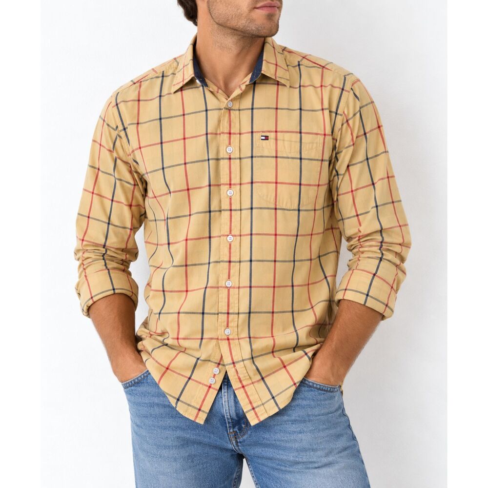 Tommy Hilfiger Mens M Yellow Plaid Button Down Shirt Cotton Preppy Vintage